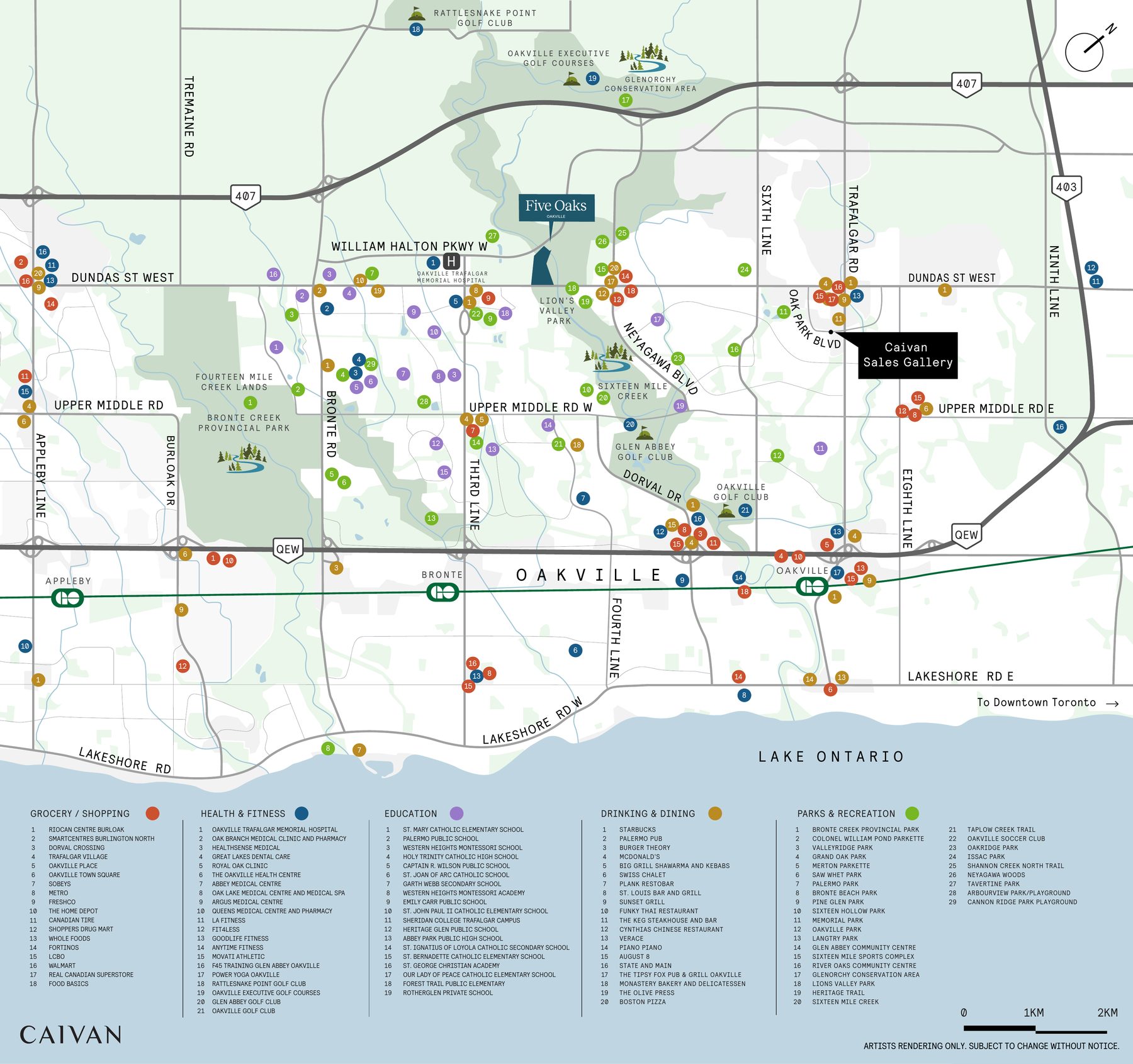 Five Oaks Oakville amenity map showing nearby schools, parks, shopping, dining and health services
