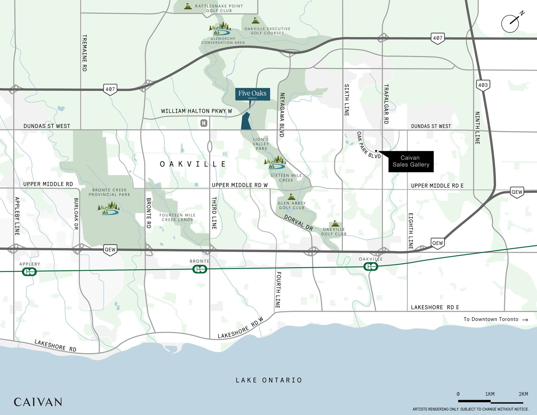 Five Oaks key map showing the community at Dundas Street West and Neyagawa Boulevard with Highways 407, 403 and the QEW