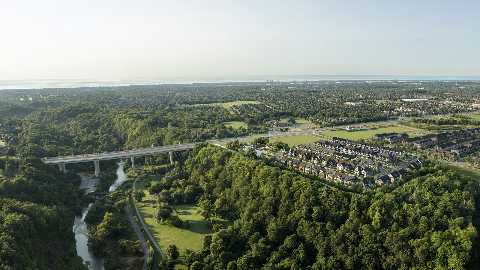 Aerial rendering of Five Oaks homes beside the Lions Valley Park ravine