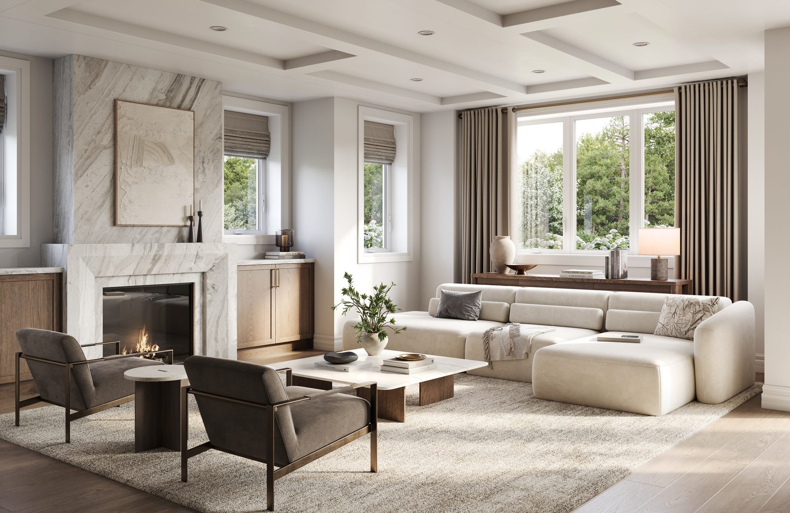 Great room with fireplace in a Five Oaks single detached home