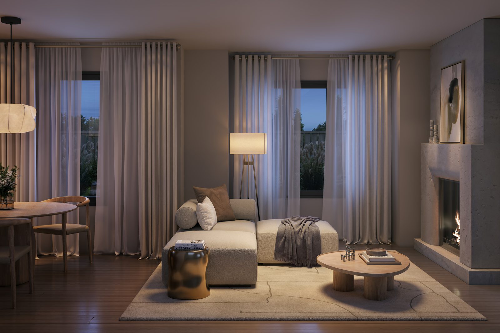 Great room with fireplace in a Five Oaks townhome