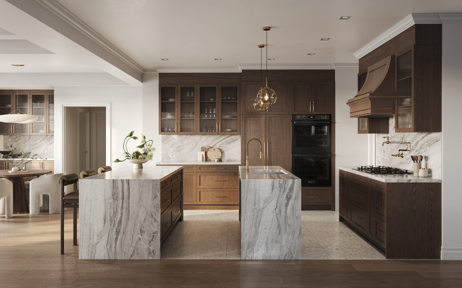 Five Oaks Oakville kitchen rendering with a marble waterfall island