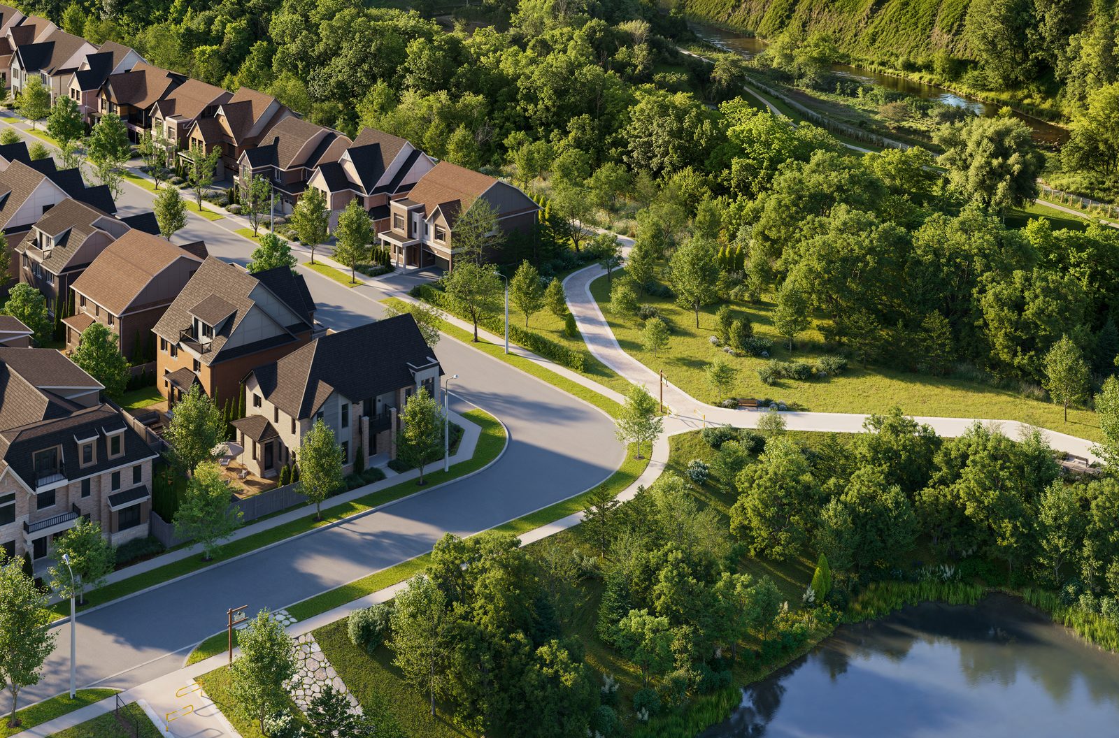 Aerial rendering of the pond and walking pathway at Five Oaks Oakville