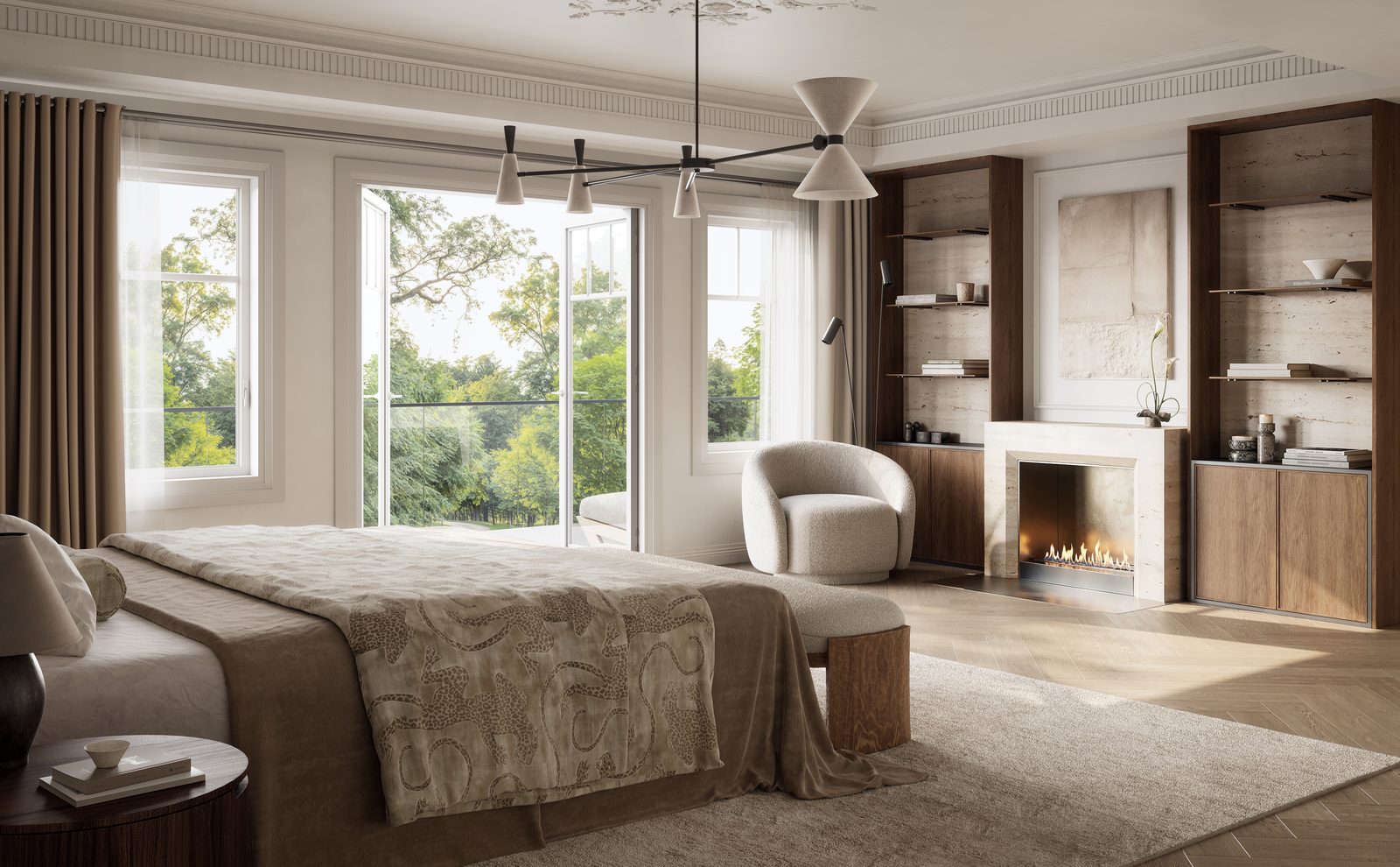 Primary bedroom with fireplace in a Five Oaks single detached home