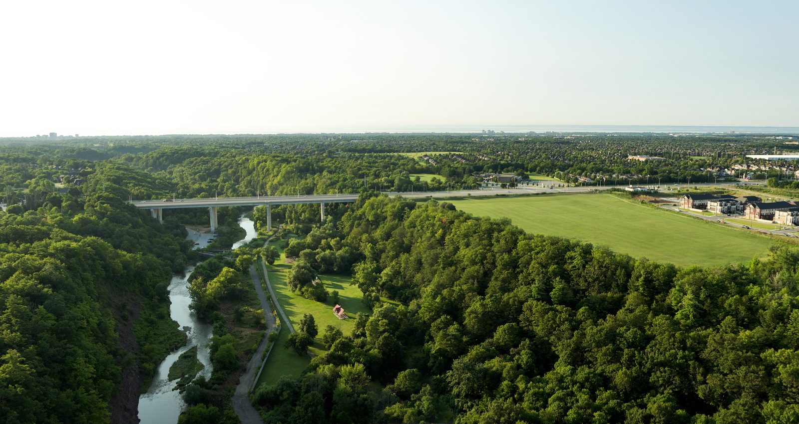 Aerial photo of Sixteen Mile Creek, Lions Valley Park, Dundas Street West and the Five Oaks site in Oakville